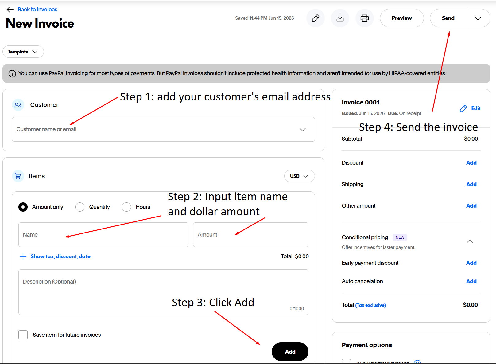 PayPal desktop invoice creation screen with text and arrows indicating the steps to create an invoice