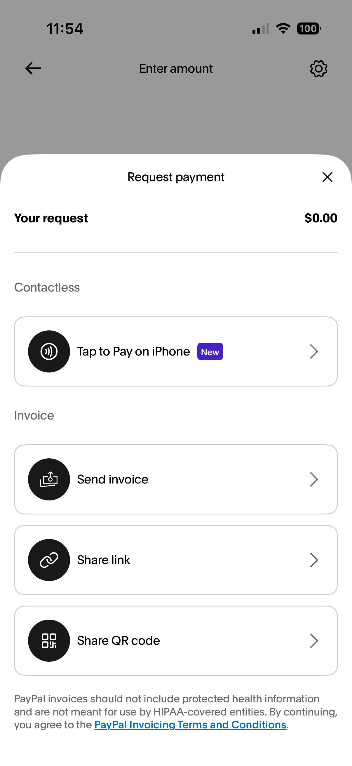 PayPal mobile invoice review screen showing the send invoice button